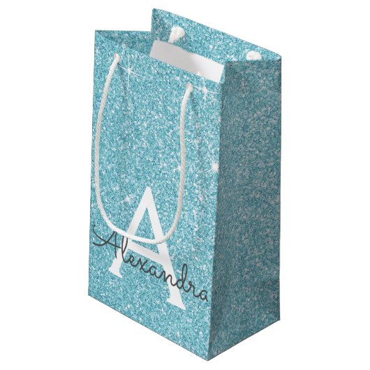 Blauwgroen Aqua Blue Glitter & Sparkle Monogram Klein Cadeauzakje (Achterkant Gekanteld)