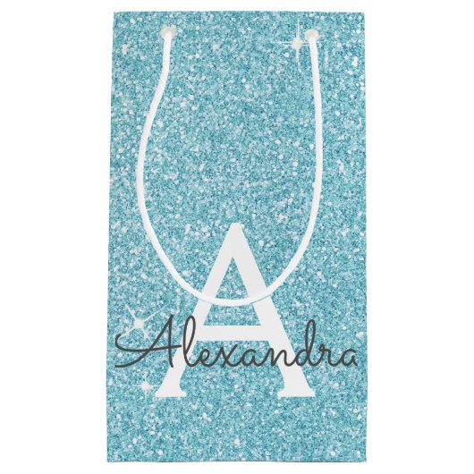 Blauwgroen Aqua Blue Glitter & Sparkle Monogram Klein Cadeauzakje (Voorkant)