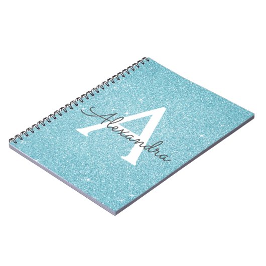 Blauwgroen Aqua Blue Glitter Sparkle Monogram Noti Notitieboek (Linkerzijde)