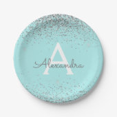 Blauwgroen Aqua Blue Glitter Sparkle Monogram Verj Papieren Bordje (Voorkant)