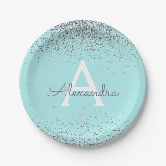 Blauwgroen Aqua Blue Glitter Sparkle Monogram Verj Papieren Bordje (Voorkant)