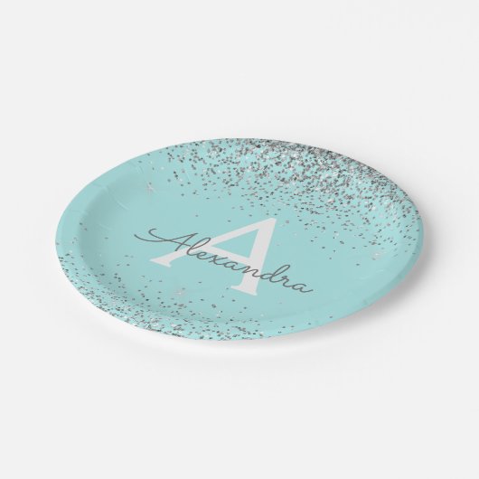 Blauwgroen Aqua Blue Glitter Sparkle Monogram Verj Papieren Bordje (Gekanteld)