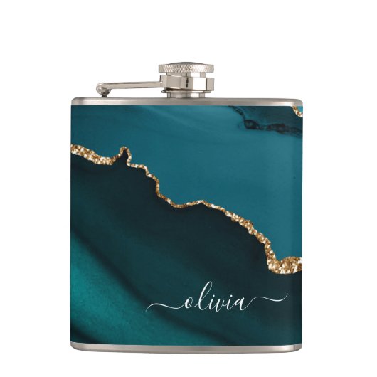 Blauwgroen Aqua Blue Green Agate Geode Gold Monogr Heupfles (Voorkant)