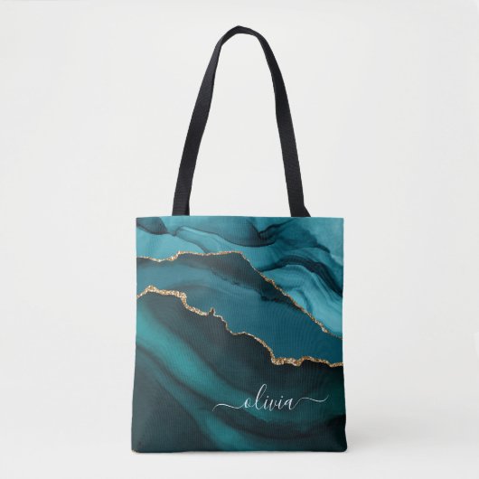 Blauwgroen Aqua Blue Green Agate Geode Gold Monogr Tote Bag (Voorkant)