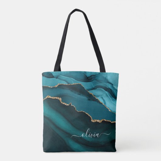 Blauwgroen Aqua Blue Green Agate Geode Gold Monogr Tote Bag (Achterkant)