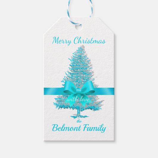 Blauwgroen Aqua Blue Holiday Tree Satin Bow Elegan Cadeaulabel (Voorkant)