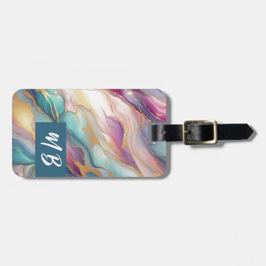 Blauwgroen Aqua Blue Paarse Roze Gouden Marmeren K Bagagelabel (Voorkant horizontaal)