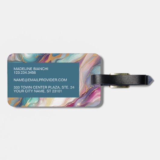 Blauwgroen Aqua Blue Paarse Roze Gouden Marmeren K Bagagelabel (Achterkant horizontaal)