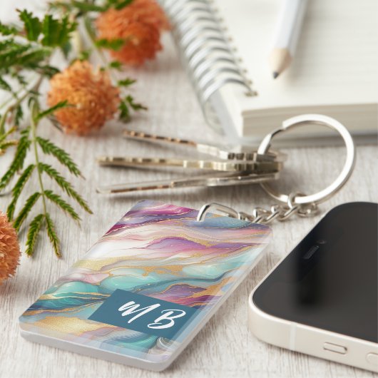 Blauwgroen Aqua Blue Paarse Roze Gouden Marmeren K Sleutelhanger (Voorkant Rechts)