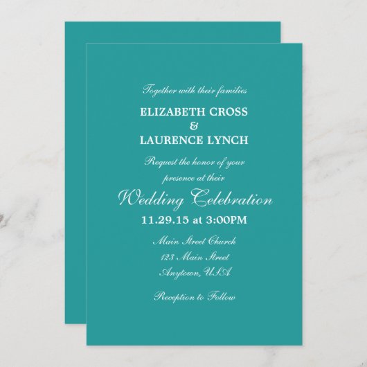 Blauwgroen Aqua Blue Plain Simple Wedding Invitati Kaart (Voorkant / Achterkant)