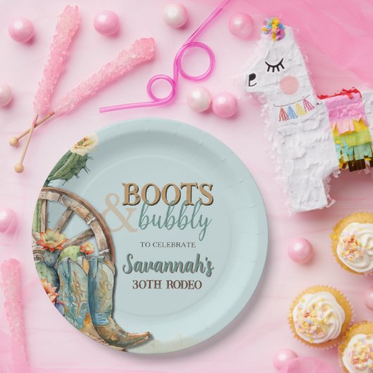 Blauwgroen Aqua Blue Rodeo Cowgirl Westerne verjaa Papieren Bordje (Feest)