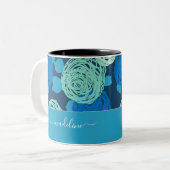 Blauwgroen Aqua Blue Rozen Monogram Aangepaste naa Tweekleurige Koffiemok (Voorkant links)