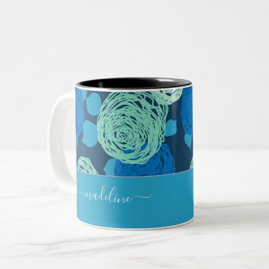 Blauwgroen Aqua Blue Rozen Monogram Aangepaste naa Tweekleurige Koffiemok (Voorkant links)