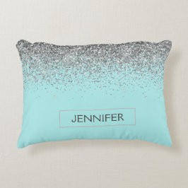 Blauwgroen Aqua Blue Silver Glitter Girly Monogram Accent Kussen