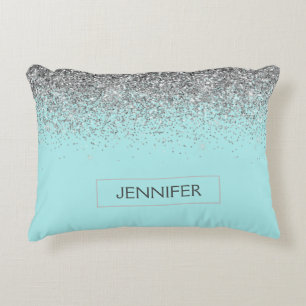 Blauwgroen Aqua Blue Silver Glitter Girly Monogram Accent Kussen