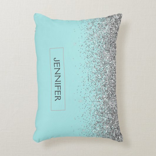 Blauwgroen Aqua Blue Silver Glitter Girly Monogram Accent Kussen (Voorkant(Verticaal))