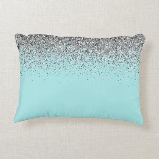 Blauwgroen Aqua Blue Silver Glitter Girly Monogram Accent Kussen (Achterkant)