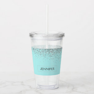 Blauwgroen Aqua Blue Silver Glitter Girly Monogram Acryl Drinkbeker