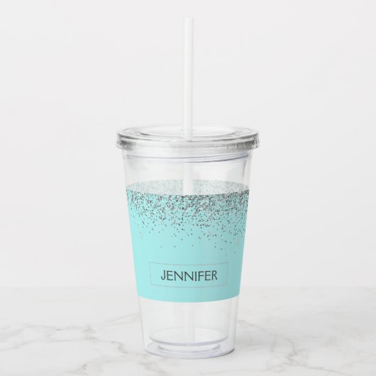 Blauwgroen Aqua Blue Silver Glitter Girly Monogram Acryl Drinkbeker (Voorkant)