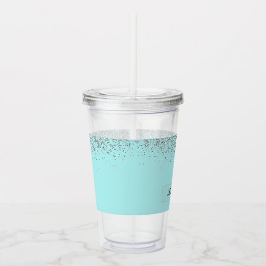 Blauwgroen Aqua Blue Silver Glitter Girly Monogram Acryl Drinkbeker (Rechts)