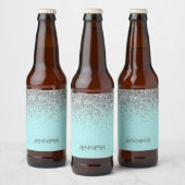 Blauwgroen Aqua Blue Silver Glitter Girly Monogram Bier Etiket (Flessen)