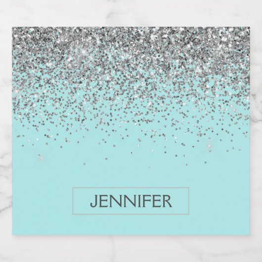 Blauwgroen Aqua Blue Silver Glitter Girly Monogram Bier Etiket (Enkel label)
