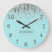 Blauwgroen Aqua Blue Silver Glitter Girly Monogram Grote Klok (Voorkant)
