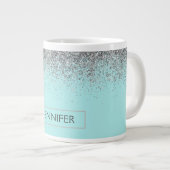 Blauwgroen Aqua Blue Silver Glitter Girly Monogram Grote Koffiekop (Voorkant rechts)