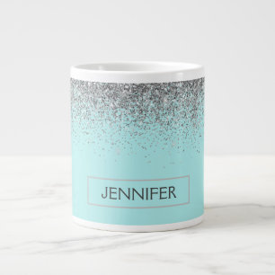 Blauwgroen Aqua Blue Silver Glitter Girly Monogram Grote Koffiekop