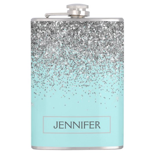 Blauwgroen Aqua Blue Silver Glitter Girly Monogram Heupfles (Voorkant)