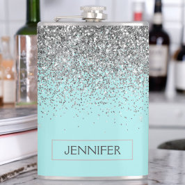 Blauwgroen Aqua Blue Silver Glitter Girly Monogram Heupfles