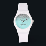 Blauwgroen Aqua Blue Silver Glitter Girly Monogram Horloge<br><div class="desc">Aqua Blue Blauwgroen en Silver Sparkle Glitter Monogram Name Watch. Dit maakt het perfecte afstuderen,  verjaardagsfeest,  bruiloft,  vrijgezellenfeest,  jubileum,  baby shower of vrijgezellenfeest cadeau voor iemand die houdt van glam luxe en chique stijlen.</div>