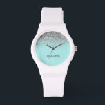 Blauwgroen Aqua Blue Silver Glitter Girly Monogram Horloge<br><div class="desc">Aqua Blue Blauwgroen en Silver Sparkle Glitter Monogram Name Watch. Dit maakt het perfecte afstuderen,  verjaardagsfeest,  bruiloft,  vrijgezellenfeest,  jubileum,  baby shower of vrijgezellenfeest cadeau voor iemand die houdt van glam luxe en chique stijlen.</div>