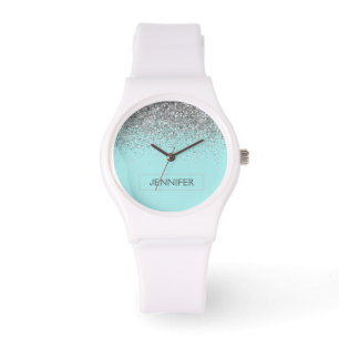 Blauwgroen Aqua Blue Silver Glitter Girly Monogram Horloge