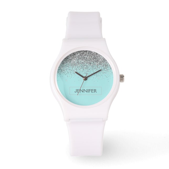 Blauwgroen Aqua Blue Silver Glitter Girly Monogram Horloge (Voorkant)