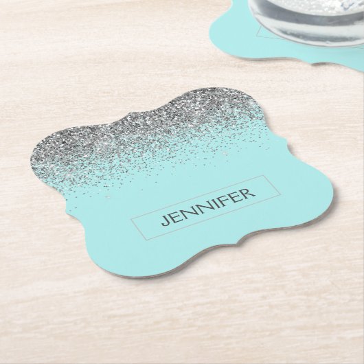 Blauwgroen Aqua Blue Silver Glitter Girly Monogram Kartonnen Onderzetters (Gekanteld)
