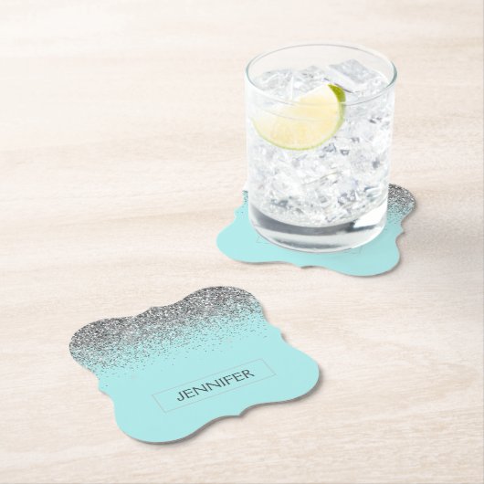 Blauwgroen Aqua Blue Silver Glitter Girly Monogram Kartonnen Onderzetters (Insitu)