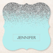 Blauwgroen Aqua Blue Silver Glitter Girly Monogram Kartonnen Onderzetters (Voorkant)