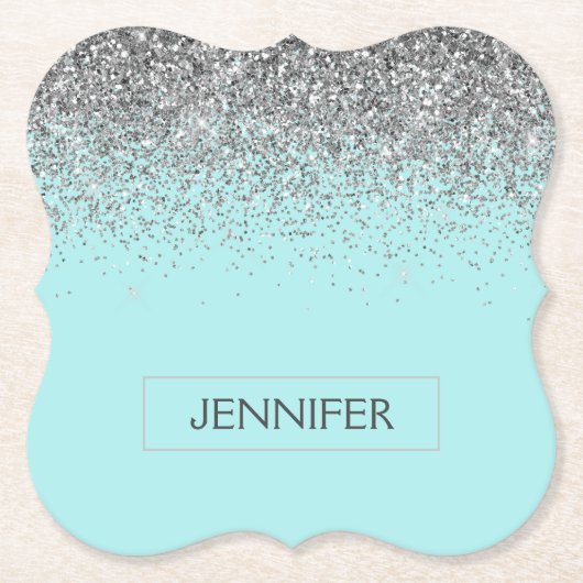 Blauwgroen Aqua Blue Silver Glitter Girly Monogram Kartonnen Onderzetters (Voorkant)