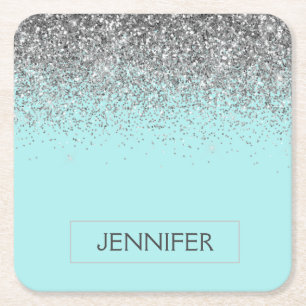 Blauwgroen Aqua Blue Silver Glitter Girly Monogram Kartonnen Onderzetters
