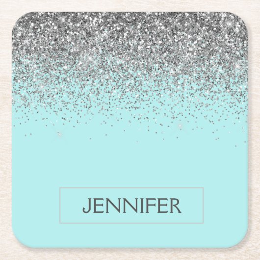 Blauwgroen Aqua Blue Silver Glitter Girly Monogram Kartonnen Onderzetters (Voorkant)