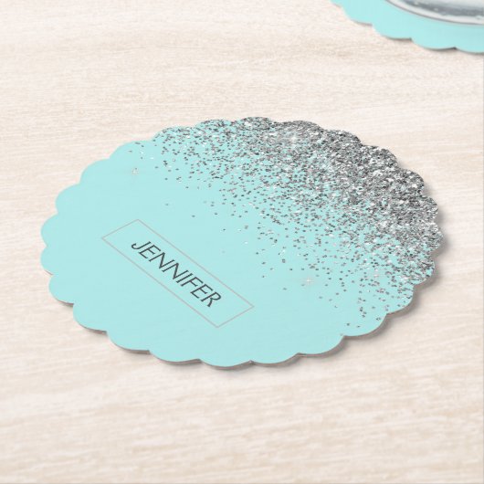 Blauwgroen Aqua Blue Silver Glitter Girly Monogram Kartonnen Onderzetters (Gekanteld)
