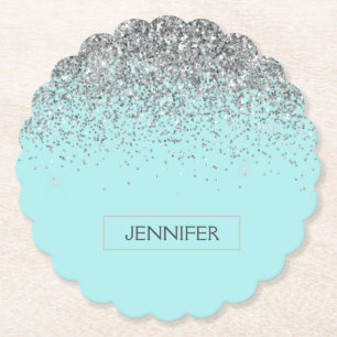 Blauwgroen Aqua Blue Silver Glitter Girly Monogram Kartonnen Onderzetters