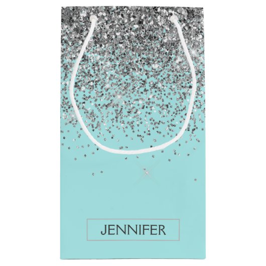 Blauwgroen Aqua Blue Silver Glitter Girly Monogram Klein Cadeauzakje (Achterkant)