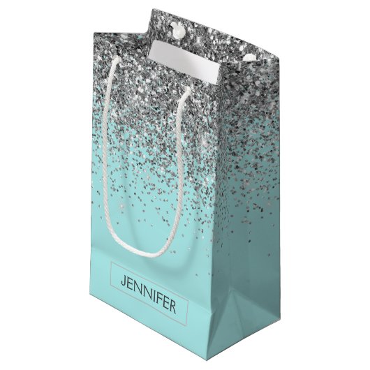 Blauwgroen Aqua Blue Silver Glitter Girly Monogram Klein Cadeauzakje (Voorkant Gekanteld)