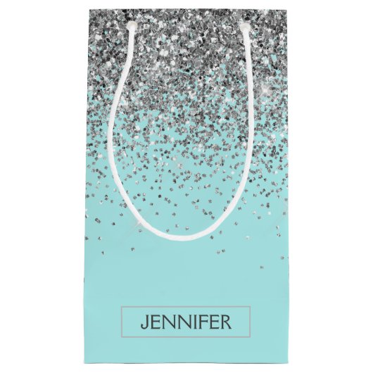 Blauwgroen Aqua Blue Silver Glitter Girly Monogram Klein Cadeauzakje (Voorkant)