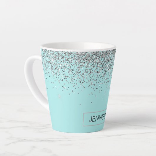 Blauwgroen Aqua Blue Silver Glitter Girly Monogram Latte Mok (Linkerhoek)