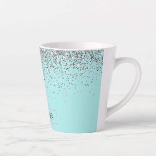 Blauwgroen Aqua Blue Silver Glitter Girly Monogram Latte Mok (Rechts)