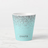 Blauwgroen Aqua Blue Silver Glitter Girly Monogram Latte Mok (Voorkant)