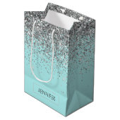 Blauwgroen Aqua Blue Silver Glitter Girly Monogram Medium Cadeauzakje (Voorkant Gekanteld)